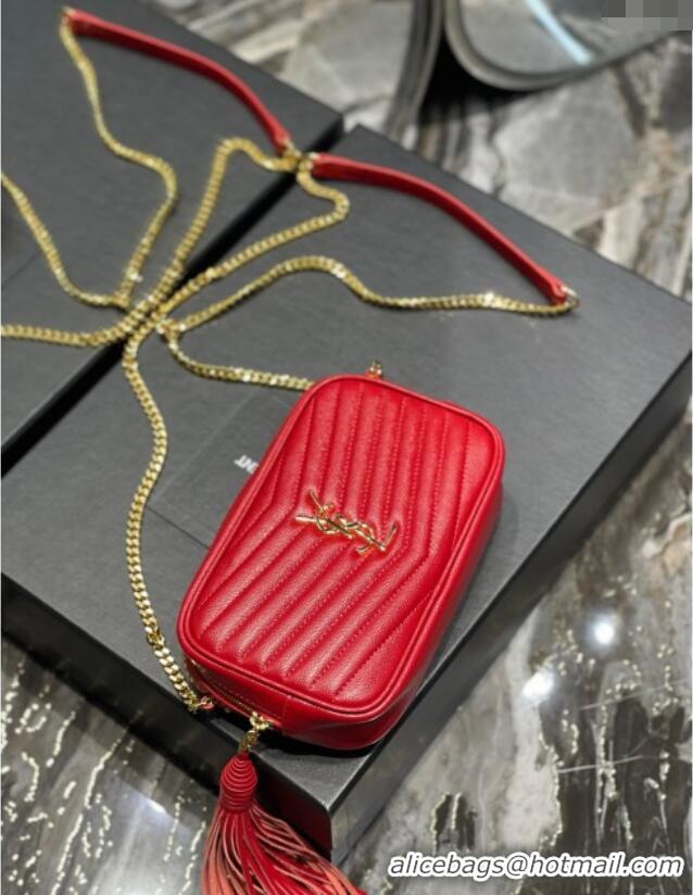 Best Quality Saint Laurent Lou Mini Camera Bag with Tassel in Matelasse Grained Leather 585040 Red 2025