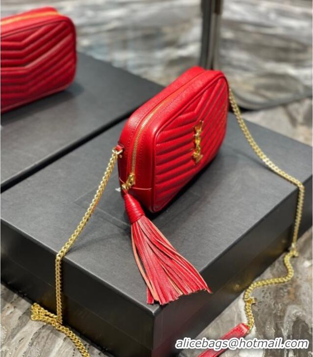Best Quality Saint Laurent Lou Mini Camera Bag with Tassel in Matelasse Grained Leather 585040 Red 2025
