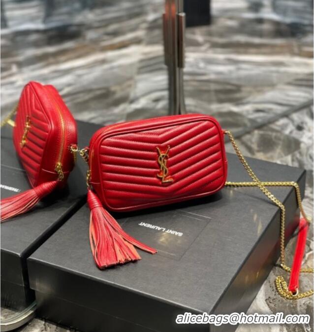 Best Quality Saint Laurent Lou Mini Camera Bag with Tassel in Matelasse Grained Leather 585040 Red 2025