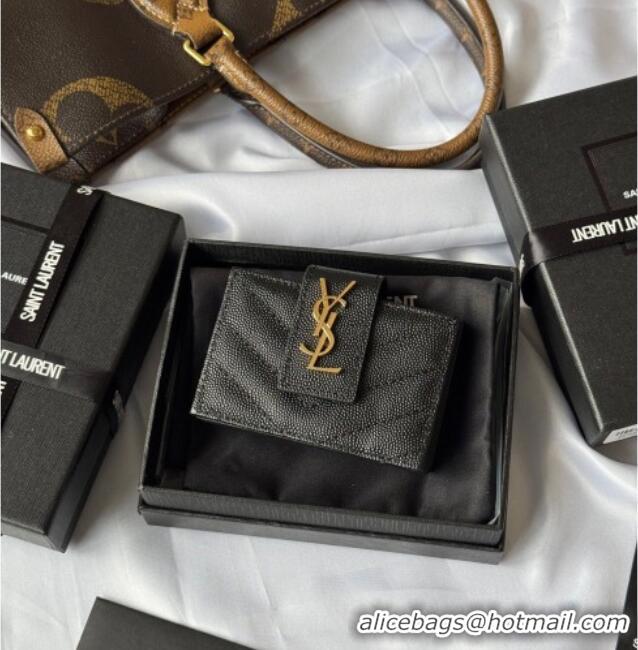 Big Discount Saint Laurent Grained Leather Card Holder Wallet 607907 Black/Gold 2025