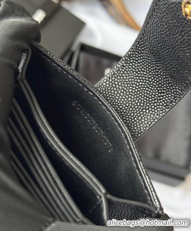 Big Discount Saint Laurent Grained Leather Card Holder Wallet 607907 Black/Gold 2025