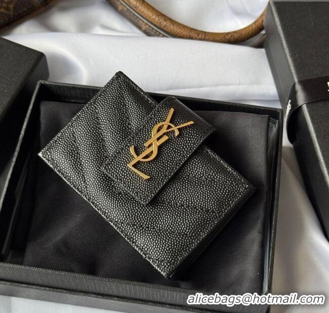 Big Discount Saint Laurent Grained Leather Card Holder Wallet 607907 Black/Gold 2025