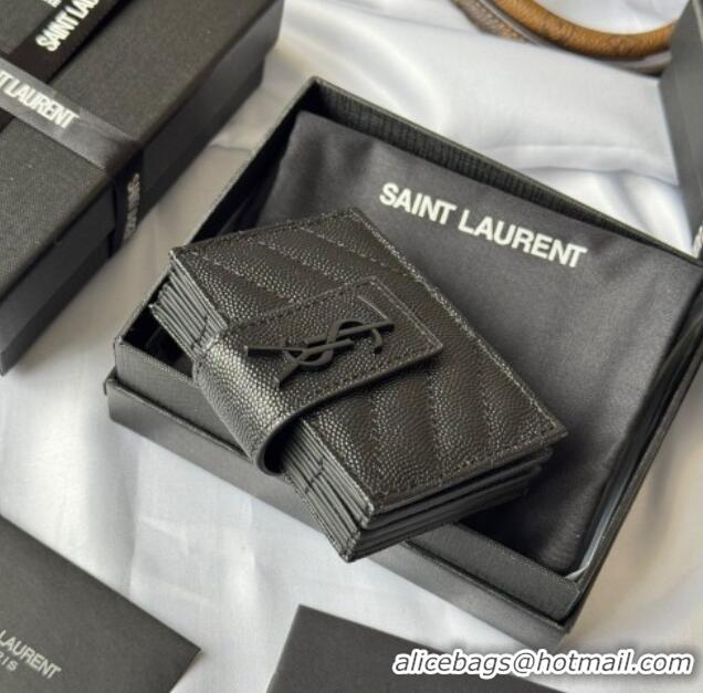 Top Grade Saint Laurent Grained Leather Card Holder Wallet 607907 All Black 2025