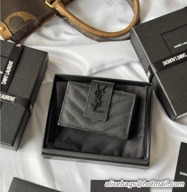 Top Grade Saint Laurent Grained Leather Card Holder Wallet 607907 All Black 2025