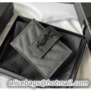 New Fashion Saint Laurent Grained Leather Card Holder Wallet 607907 Black/Silver 2025