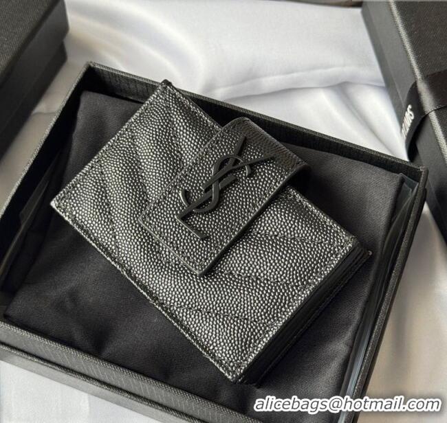 New Fashion Saint Laurent Grained Leather Card Holder Wallet 607907 Black/Silver 2025