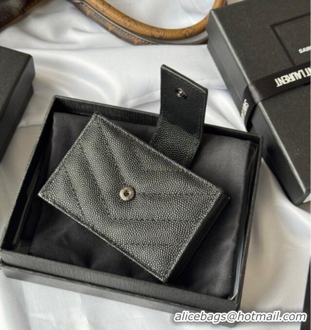 New Fashion Saint Laurent Grained Leather Card Holder Wallet 607907 Black/Silver 2025