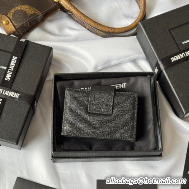 New Fashion Saint Laurent Grained Leather Card Holder Wallet 607907 Black/Silver 2025