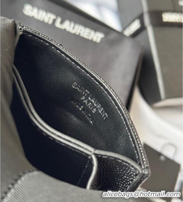 New Fashion Saint Laurent Grained Leather Card Holder Wallet 607907 Black/Silver 2025