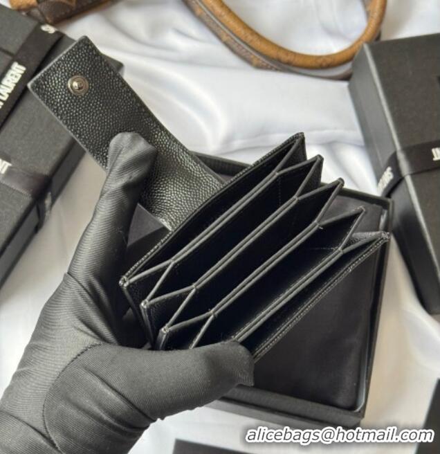 New Fashion Saint Laurent Grained Leather Card Holder Wallet 607907 Black/Silver 2025