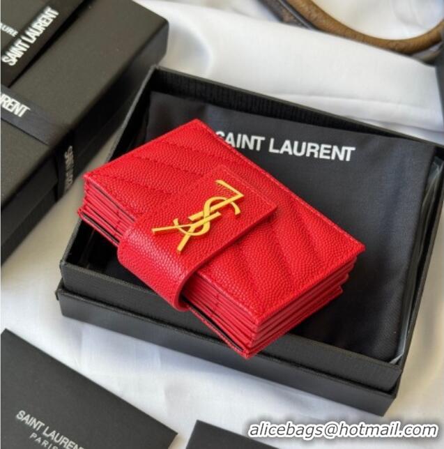Famous Brand Saint Laurent Grained Leather Card Holder Wallet 607907 Red 2025