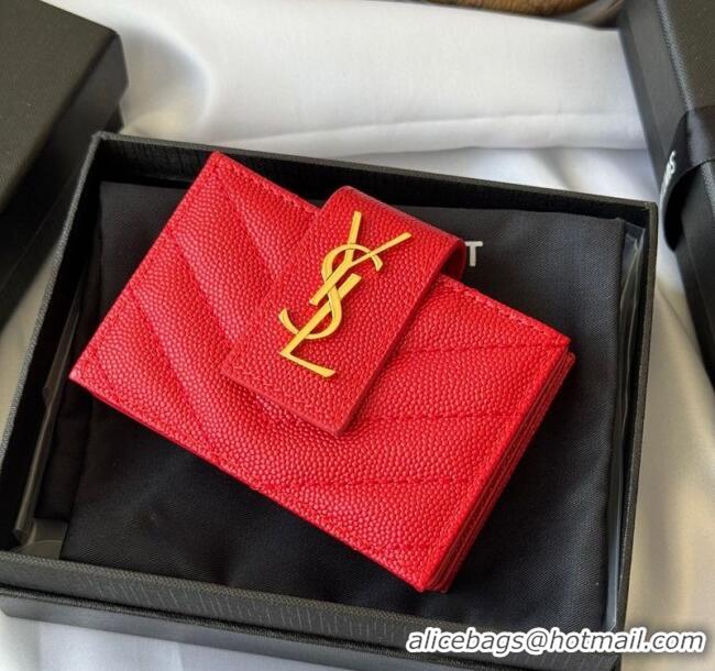 Famous Brand Saint Laurent Grained Leather Card Holder Wallet 607907 Red 2025