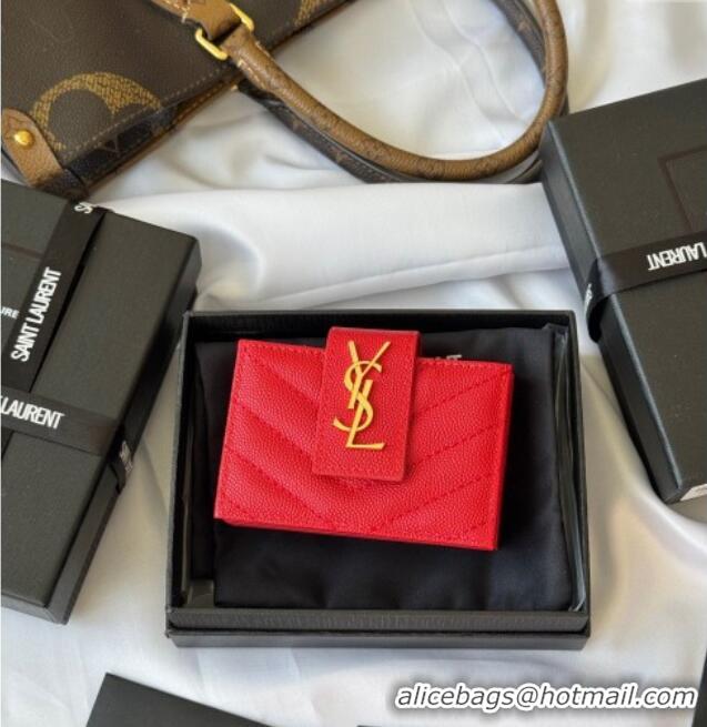Famous Brand Saint Laurent Grained Leather Card Holder Wallet 607907 Red 2025