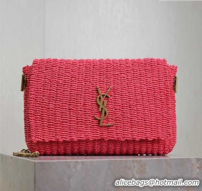 Top Grade Saint Laurent Kate Medium Chain Bag in Raffia Straw 553804 Pink 2025