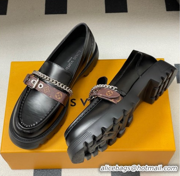Best Grade Louis Vuitton LV Vibe Loafers with Chain and and Buckle Strap Black 1022074