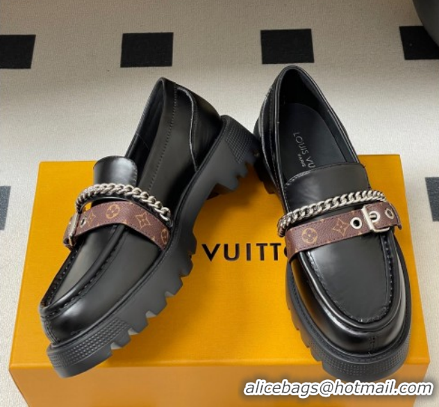 Best Grade Louis Vuitton LV Vibe Loafers with Chain and and Buckle Strap Black 1022074
