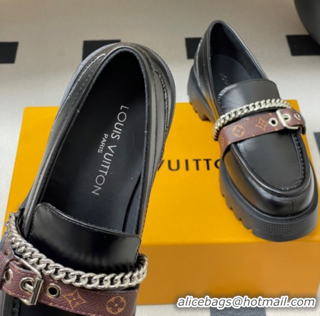 Best Grade Louis Vuitton LV Vibe Loafers with Chain and and Buckle Strap Black 1022074