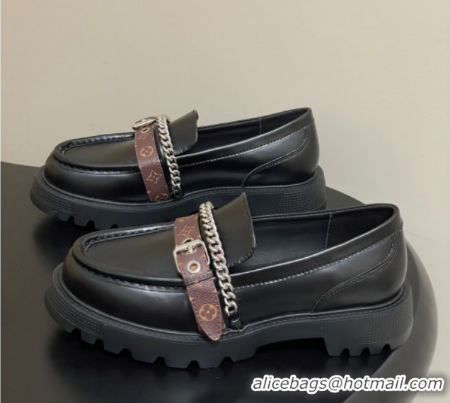 Best Grade Louis Vuitton LV Vibe Loafers with Chain and and Buckle Strap Black 1022074