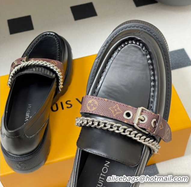 Best Grade Louis Vuitton LV Vibe Loafers with Chain and and Buckle Strap Black 1022074