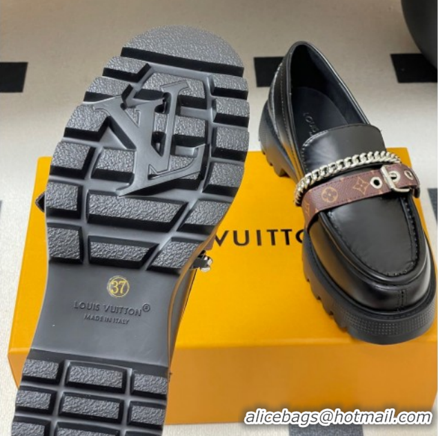 Best Grade Louis Vuitton LV Vibe Loafers with Chain and and Buckle Strap Black 1022074