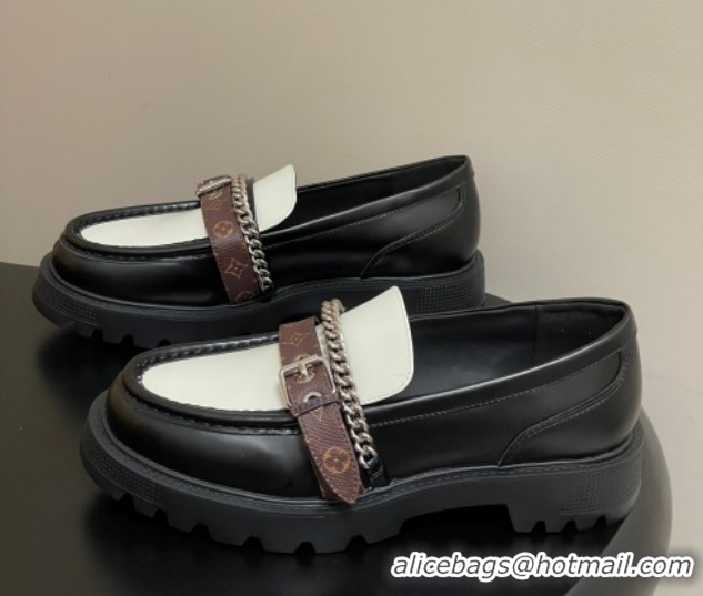 Buy Discount Louis Vuitton LV Vibe Loafers with Chain and and Buckle Strap Black/White 1022075