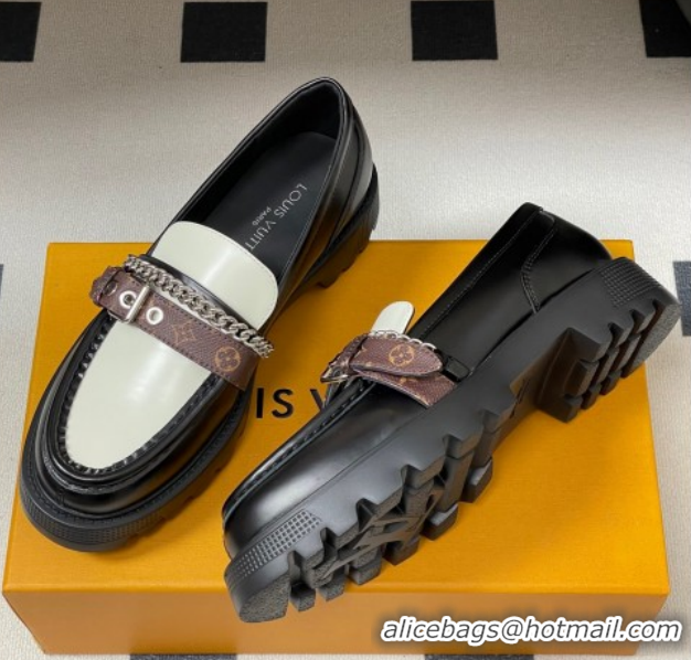 Buy Discount Louis Vuitton LV Vibe Loafers with Chain and and Buckle Strap Black/White 1022075