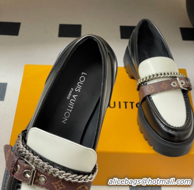 Buy Discount Louis Vuitton LV Vibe Loafers with Chain and and Buckle Strap Black/White 1022075
