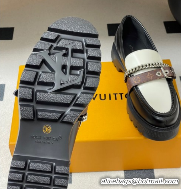 Buy Discount Louis Vuitton LV Vibe Loafers with Chain and and Buckle Strap Black/White 1022075