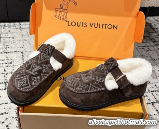 Fashion Louis Vuitton Colorado Comfort Mary Janes Loafers in Monogram-Embroidered Suede and Wool Brown 1AIGKZ 1022076