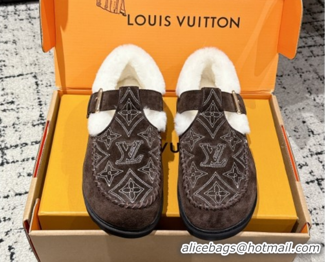 Fashion Louis Vuitton Colorado Comfort Mary Janes Loafers in Monogram-Embroidered Suede and Wool Brown 1AIGKZ 1022076