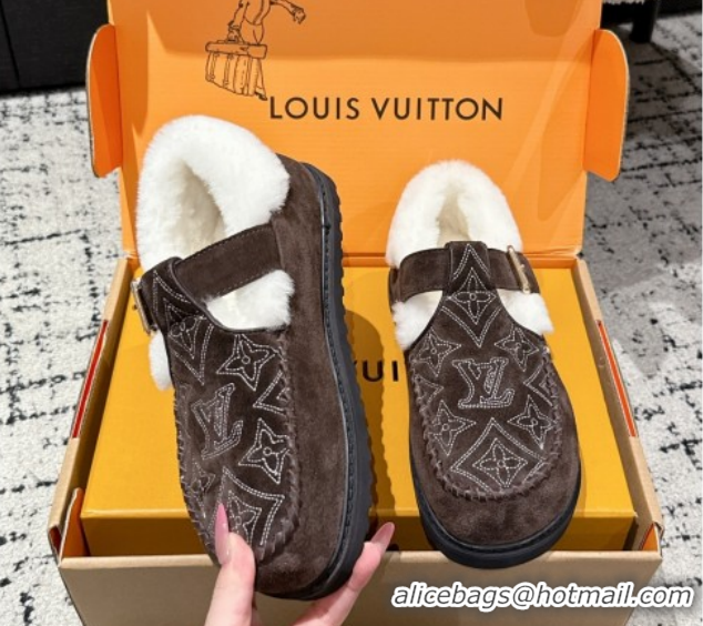 Fashion Louis Vuitton Colorado Comfort Mary Janes Loafers in Monogram-Embroidered Suede and Wool Brown 1AIGKZ 1022076