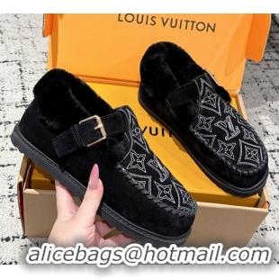 Grade Quality Louis Vuitton Colorado Comfort Mary Janes Loafers in Monogram-Embroidered Suede and Wool Black 1AIGKZ 1022
