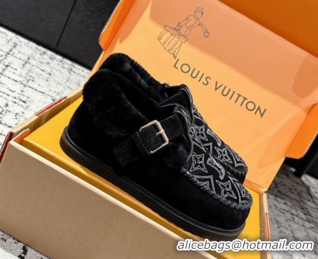 Grade Quality Louis Vuitton Colorado Comfort Mary Janes Loafers in Monogram-Embroidered Suede and Wool Black 1AIGKZ 1022