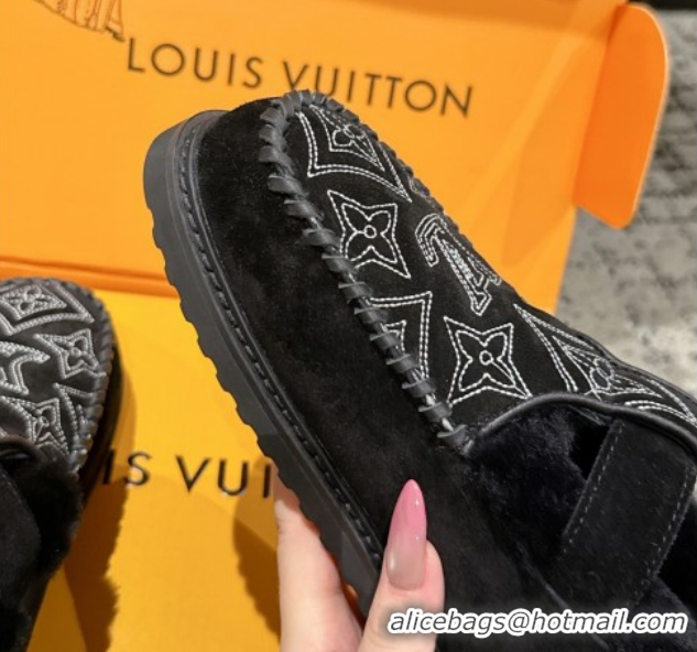 Grade Quality Louis Vuitton Colorado Comfort Mary Janes Loafers in Monogram-Embroidered Suede and Wool Black 1AIGKZ 1022