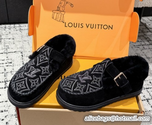 Grade Quality Louis Vuitton Colorado Comfort Mary Janes Loafers in Monogram-Embroidered Suede and Wool Black 1AIGKZ 1022