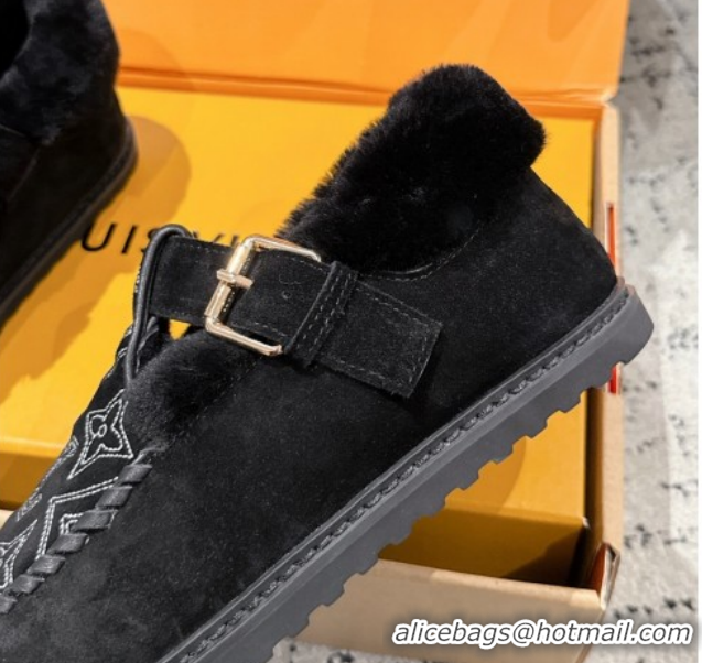 Grade Quality Louis Vuitton Colorado Comfort Mary Janes Loafers in Monogram-Embroidered Suede and Wool Black 1AIGKZ 1022