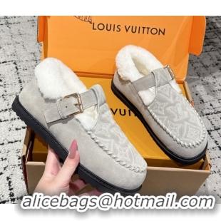 Buy Luxury Louis Vuitton Colorado Comfort Mary Janes Loafers in Monogram-Embroidered Suede and Wool Light Grey 1AIGKZ 10