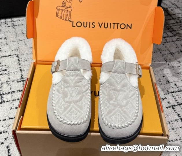 Buy Luxury Louis Vuitton Colorado Comfort Mary Janes Loafers in Monogram-Embroidered Suede and Wool Light Grey 1AIGKZ 10