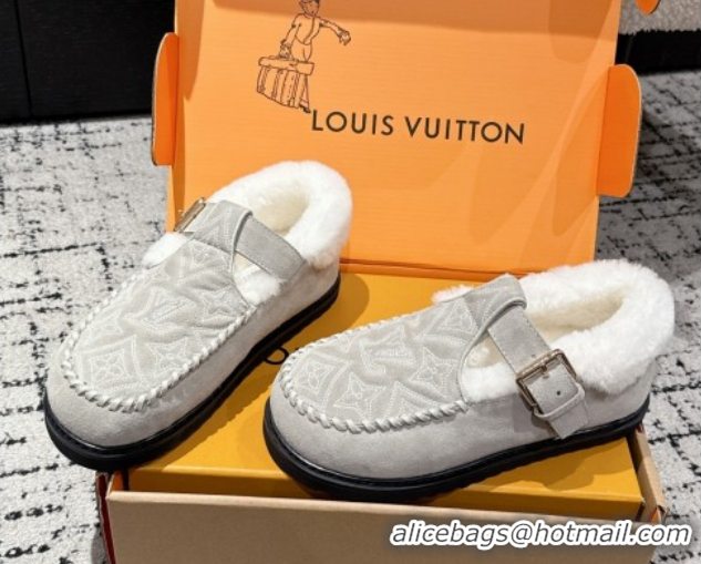 Buy Luxury Louis Vuitton Colorado Comfort Mary Janes Loafers in Monogram-Embroidered Suede and Wool Light Grey 1AIGKZ 10