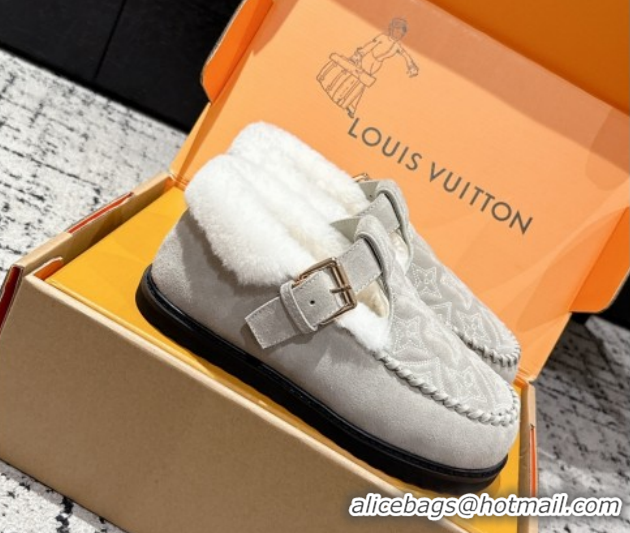 Buy Luxury Louis Vuitton Colorado Comfort Mary Janes Loafers in Monogram-Embroidered Suede and Wool Light Grey 1AIGKZ 10
