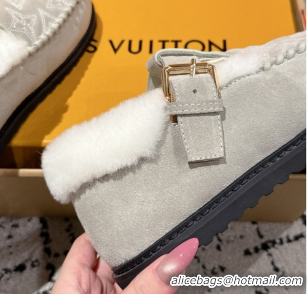 Buy Luxury Louis Vuitton Colorado Comfort Mary Janes Loafers in Monogram-Embroidered Suede and Wool Light Grey 1AIGKZ 10