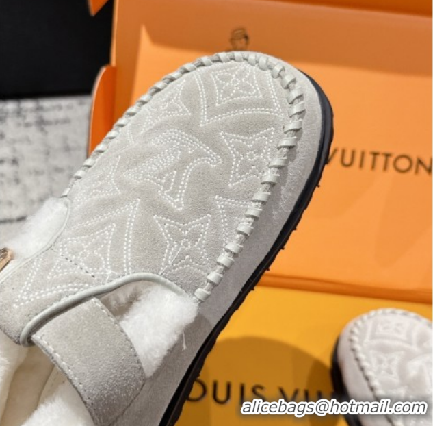 Buy Luxury Louis Vuitton Colorado Comfort Mary Janes Loafers in Monogram-Embroidered Suede and Wool Light Grey 1AIGKZ 10