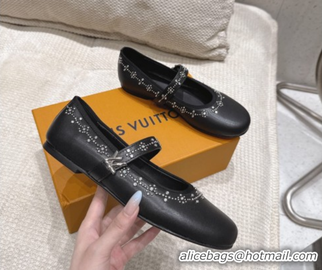 Cheap Price Louis Vuitton Romy Flat Ballerinas Flat in Leather and Studs 1AICXL Black 1022082