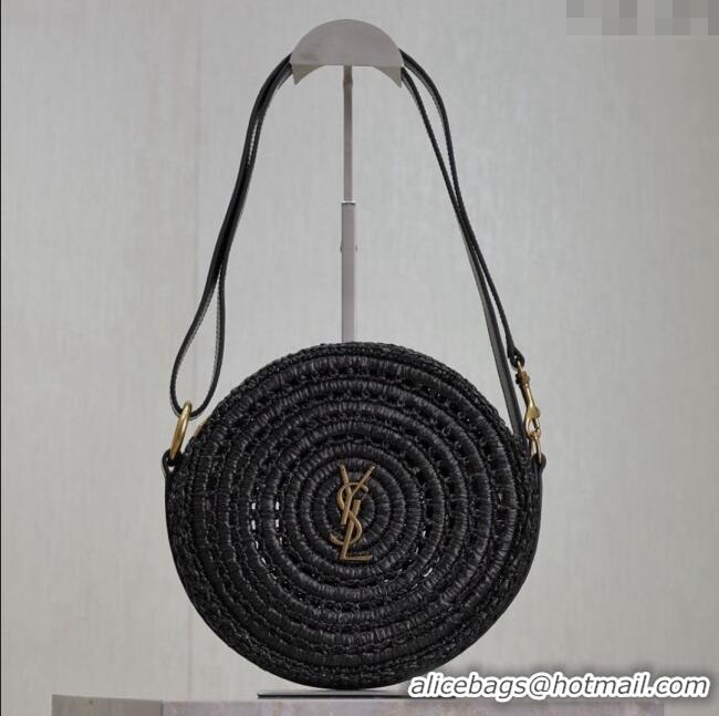 Promotional Saint Laurent Round Bag in Raffia and Vegetable-tanned Leather 685601 Black 2025