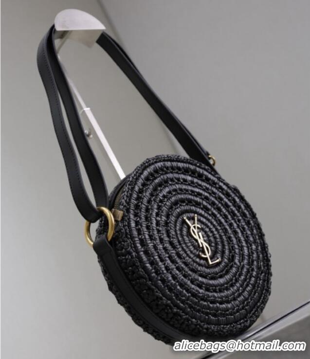 Promotional Saint Laurent Round Bag in Raffia and Vegetable-tanned Leather 685601 Black 2025
