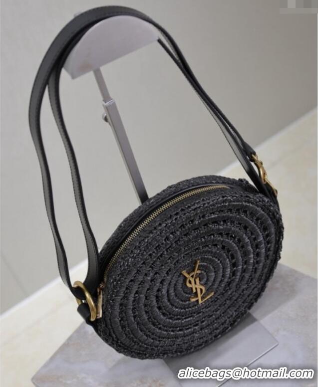 Promotional Saint Laurent Round Bag in Raffia and Vegetable-tanned Leather 685601 Black 2025