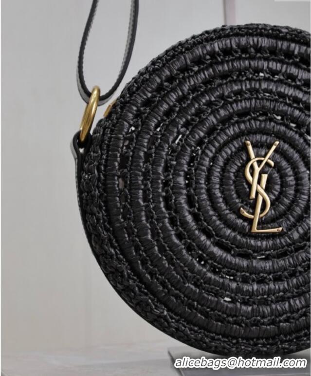 Promotional Saint Laurent Round Bag in Raffia and Vegetable-tanned Leather 685601 Black 2025