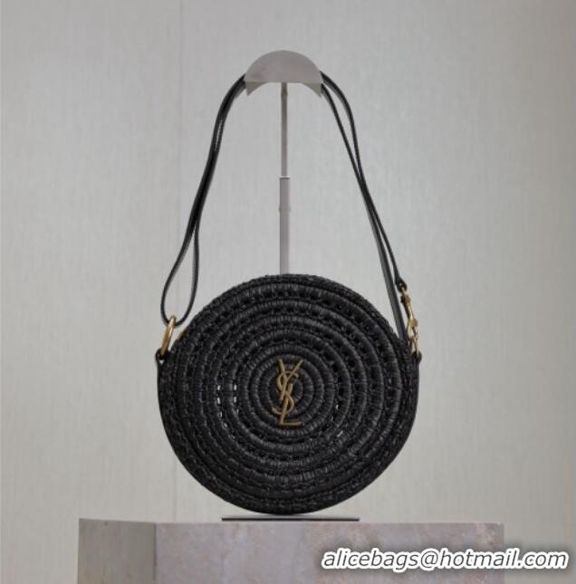 Promotional Saint Laurent Round Bag in Raffia and Vegetable-tanned Leather 685601 Black 2025