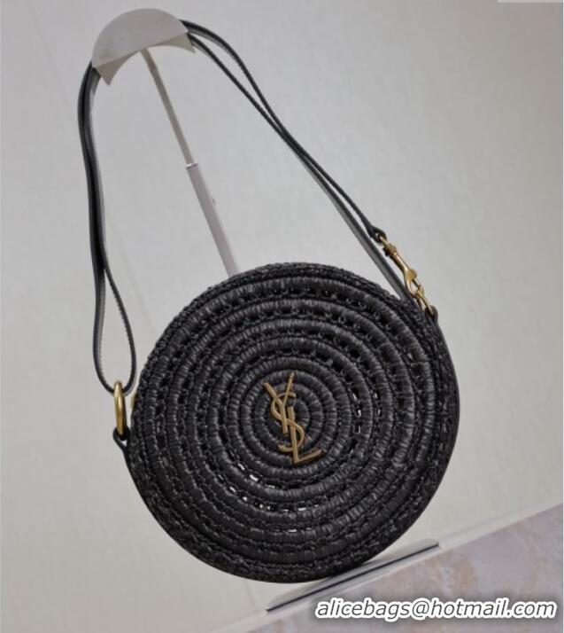 Promotional Saint Laurent Round Bag in Raffia and Vegetable-tanned Leather 685601 Black 2025