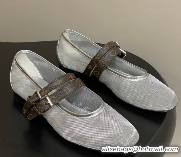 Pretty Style Louis Vuitton Ballet Ballerinas Flat in Mesh and Buckle Strap 1AIS37 Silver 1022088